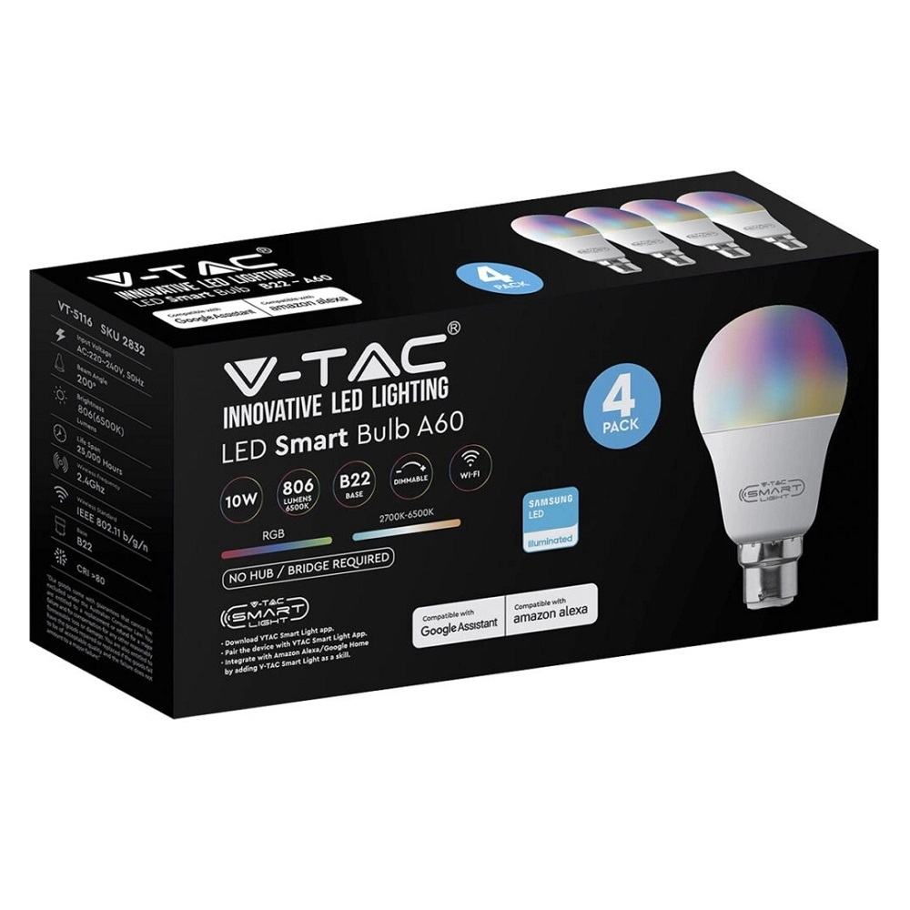 Bulbe LED B22 A60 V-TAC SMART 10W RGB+WW+CW EASY VT-5110
