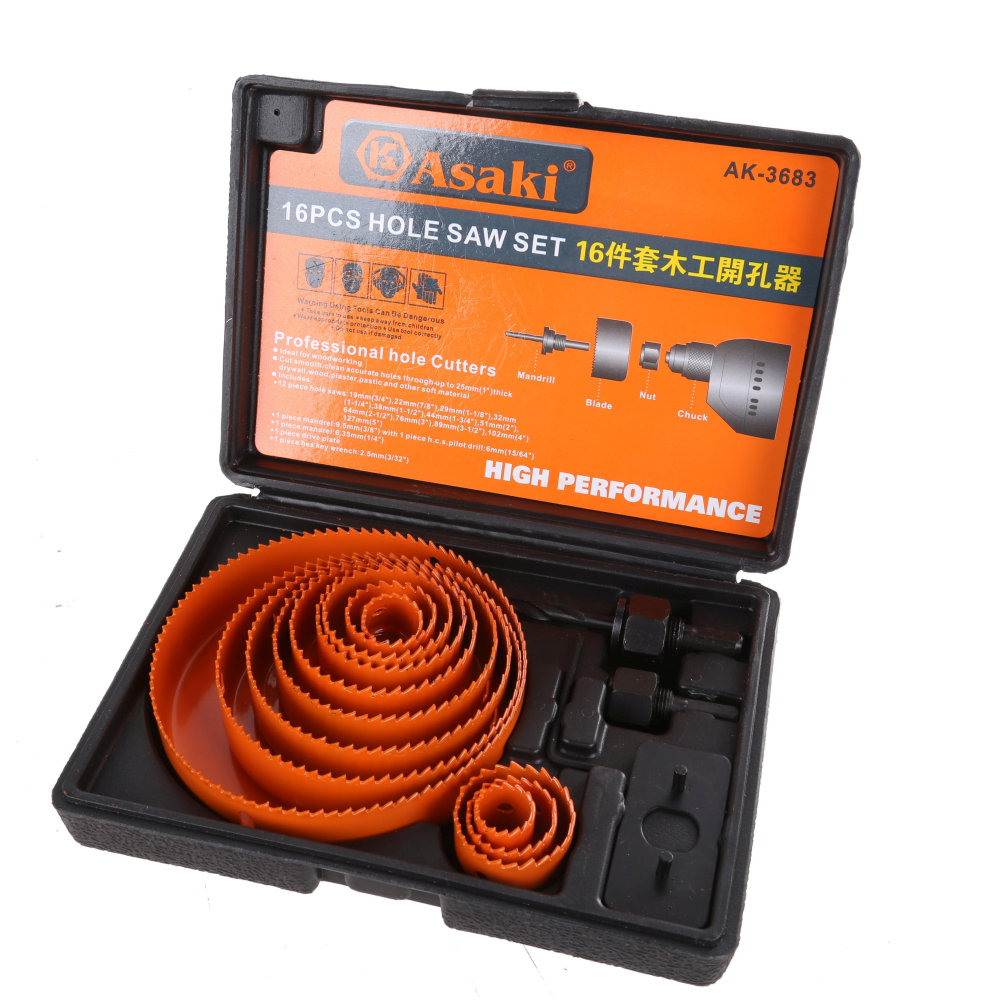 ASAKI 16pc Hole Saw Set Sizes 19mm 127mm wide