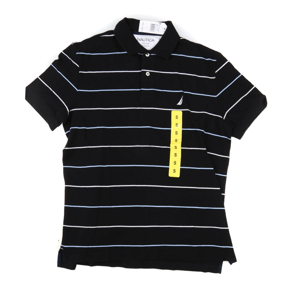 Nautica Men's Classic Fit Deck Polo Shirt, Black/White/Blue Stripes ...