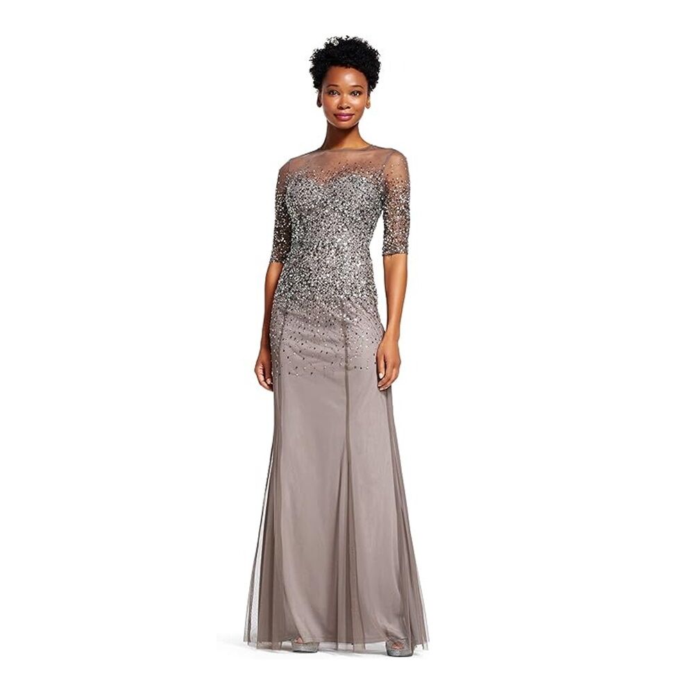 ADRIANNA PAPELL Women's 3/4 Sleeve Beaded Illusion Gown with Sweetheart Neckline - Picture 7 of 12