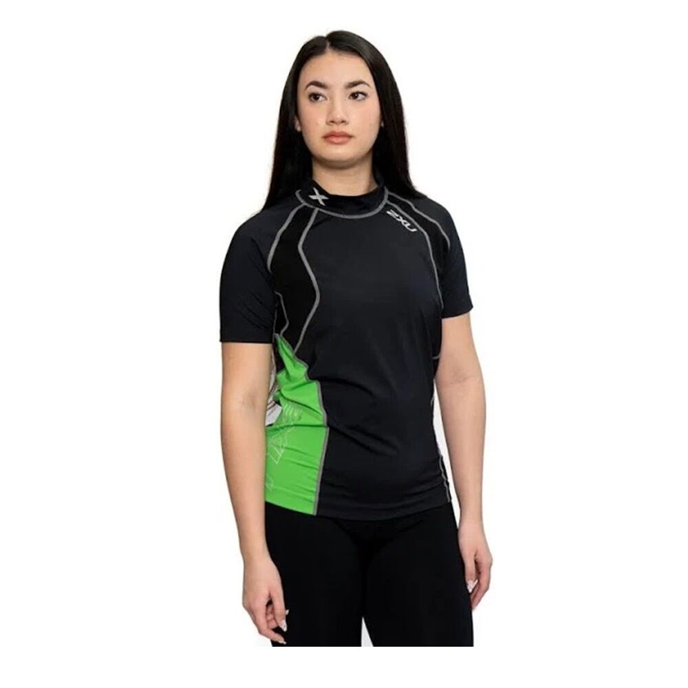 2XU Women's Short Sleeves High Performance Power Top | Black | Green - Picture 6 of 30