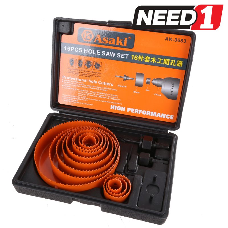 ASAKI 16pc Hole Saw Set - Sizes 19mm 