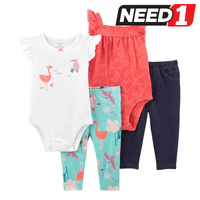 Girl's Clothing Set: Two Sleeveless Bodysuits, & Two Pants - Flamingo
