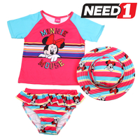3pc Girl's Minnie Mouse Swimwear Set: Short Sleeve Top, Bikini Bottom & Hat