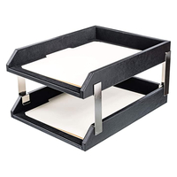 Leather Double Letter Trays with Silver Posts Classic Black