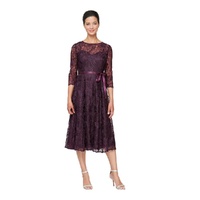 Women's Tea Length Embroidered Dress with Illusion Sleeves