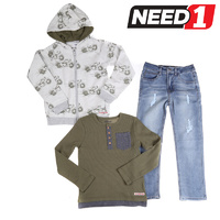 Boy's 3pc Clothing Set: Bicycle Print Jacket, Long Sleeve Top & Pocket Ripped Jeans