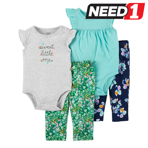 4pc Girl's Clothing Set: Two Sleeveless Bodysuits, & Two Pants - Floral