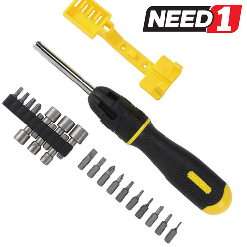Ratcheting Screwdriver + 20 Bits & Nut Drivers