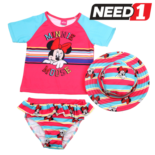 3pc Girl's Minnie Mouse Swimwear Set: Short Sleeve Top, Bikini Bottom & Hat