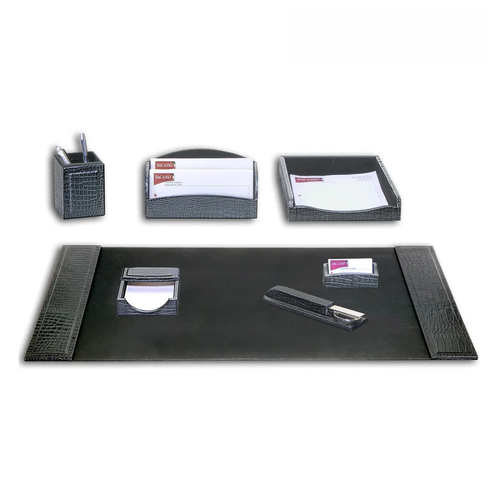 Crocodile Embossed Leather 7-Piece Desk Set Black