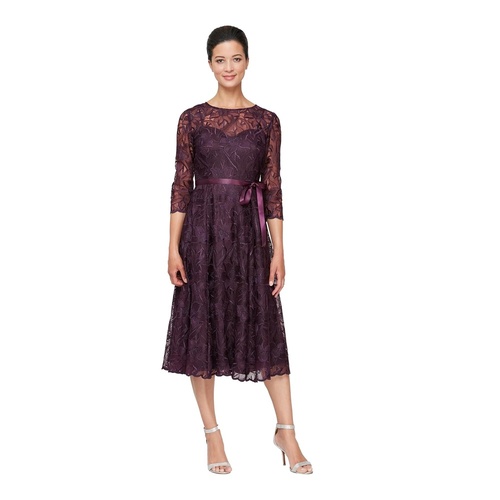 Women's Tea Length Embroidered Dress with Illusion Sleeves