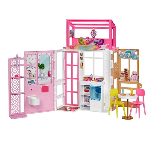 Fully Furnished Barbie House with Pet Puppy & Accessories with 2 Levels & 4 Play Areas