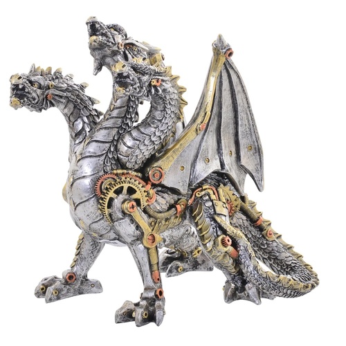 Steampunk Hydra Dragon Figurine: Triple-Headed Mechanical Dragon Statue
