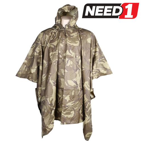 Nylon Military Hooded Camp Rain Poncho in Zip Bag.