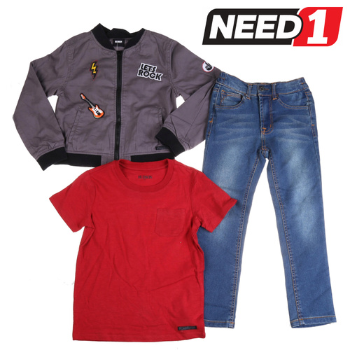 3pc Boy's Clothing Set: Rock Music Print Jacket, Short Sleeved T-Shirt & Jeans