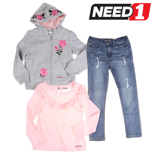 Girl's 3pc Clothing Set: Rose Embroidery Jacket, Long Sleeve Top & Jeans