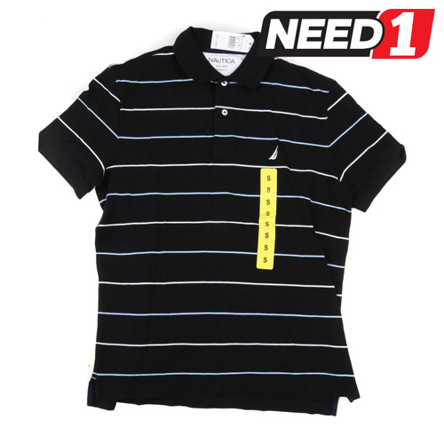 Men's Classic Fit Deck Polo Shirt, Black/White/Blue Stripes