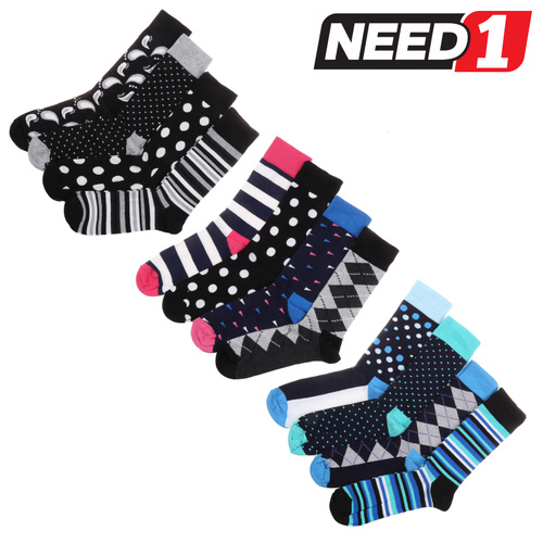 Pack of 12 x Men's Socks - Size: 41-46 - Mixed Colours & Patterns