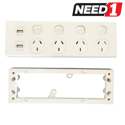 Quad Power Point 10A 250v with 2 USBs & Mounting Block to Suit