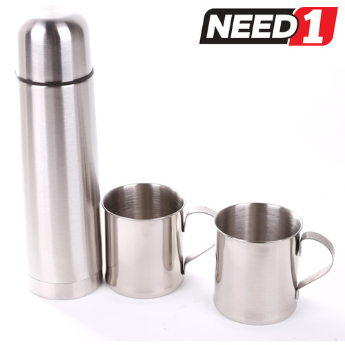 Stainless Steel 3pc Vacuum Flask & Mug Set In Nylon Zip Carry Case.